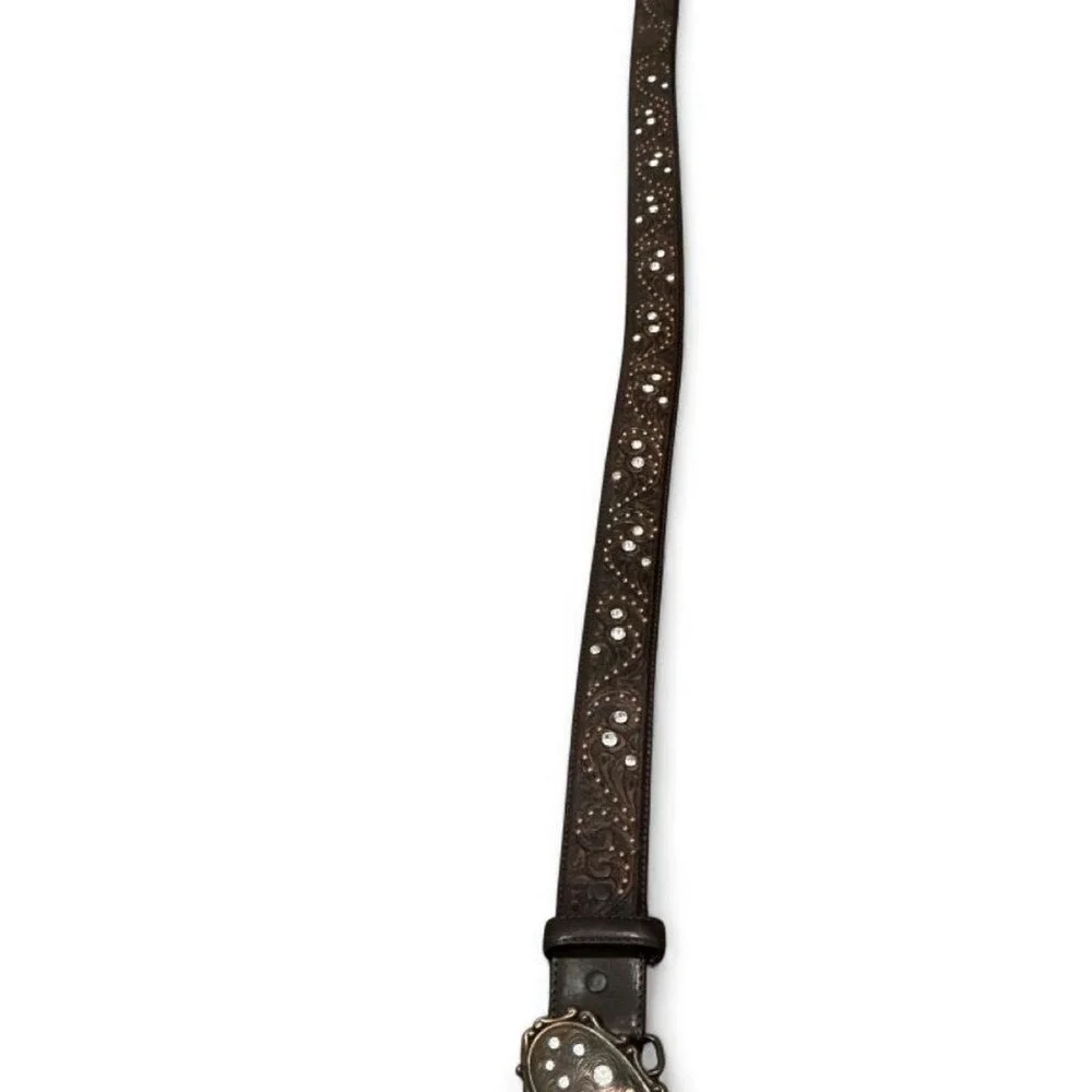 Justin Boots Heart Buckle Leather Belt Size 32 Brown C20508 Good Tooled Crystal